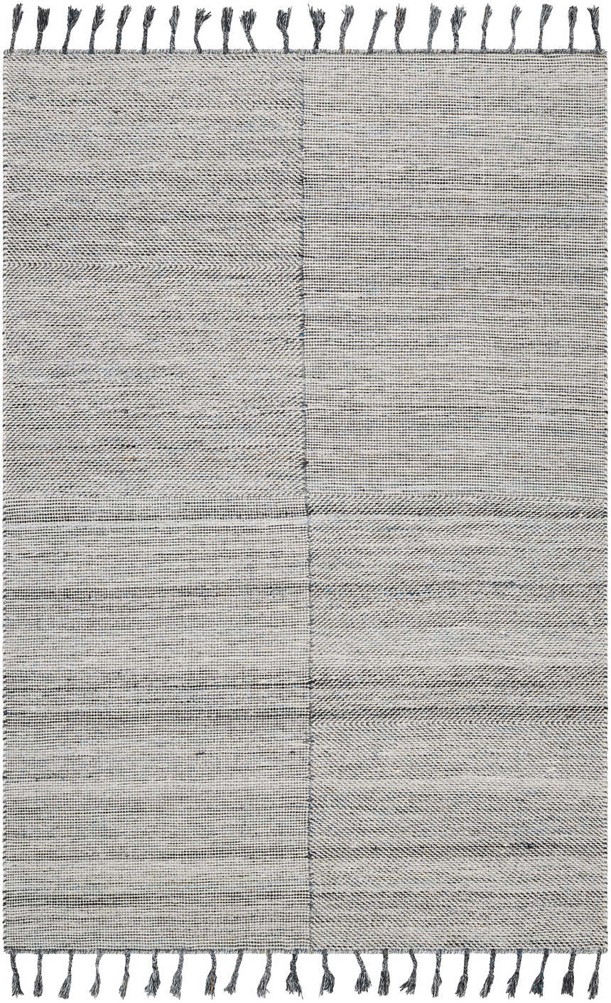 Close-up of the hand woven Anaya Beige & Teal Area Rug showing its texture, pattern, and gray tassels. Design-Rectangle-576
