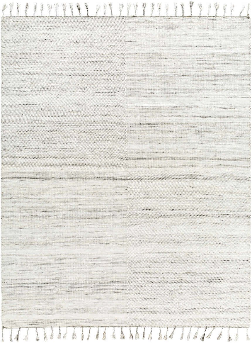 Close-up of the Anaya Cream Area Rug. Hand woven, with beige, bone, and gray hues and tasseled edges. Farmhouse style. Design-Rectangle-810