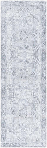 Close-up of Nadia Silver Gray Area Rug. Traditional farmhouse style with light purple, silver, and gray tones. Design-Runner-27710