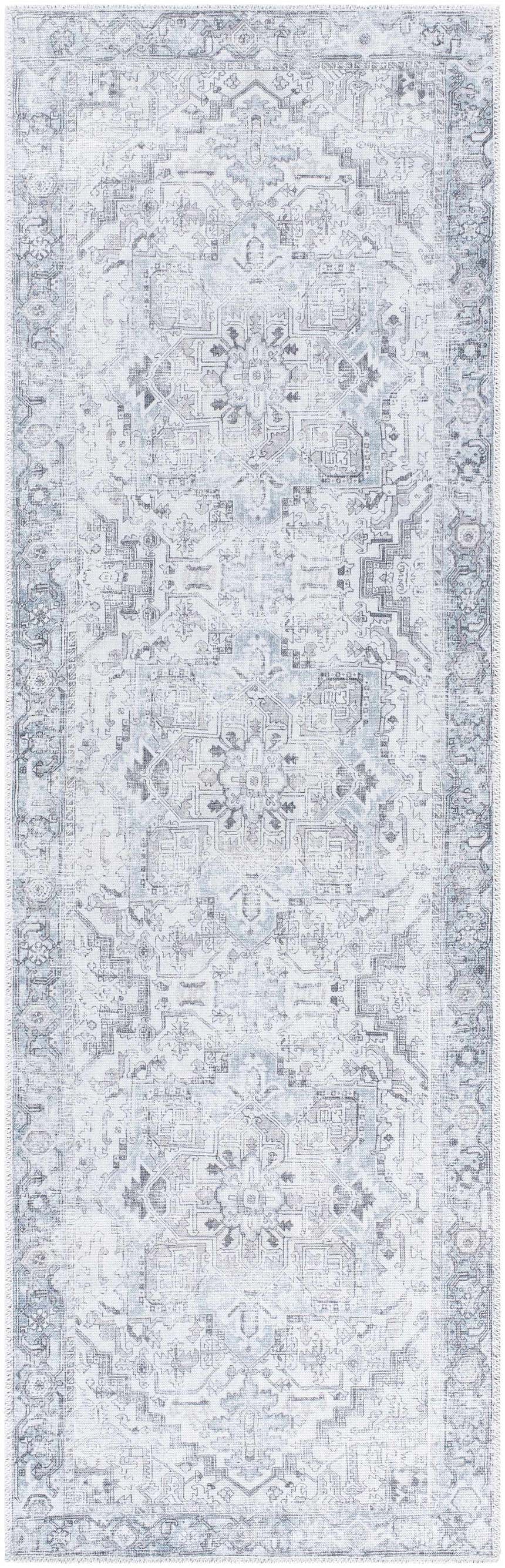 Close-up of Nadia Silver Gray Area Rug. Traditional farmhouse style with light purple, silver, and gray tones. Design-Runner-27710
