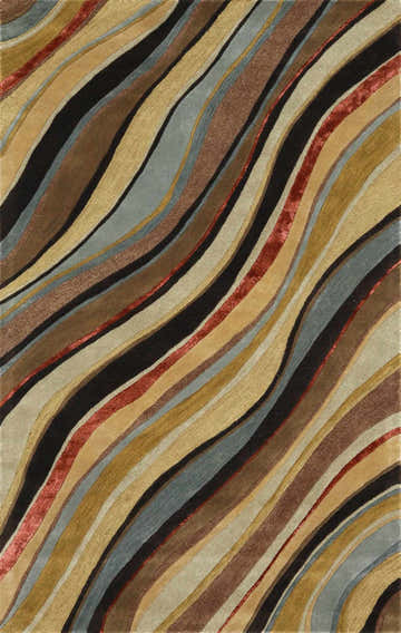 Close-up of the Seminole Area Rug featuring beige, black, brown, and teal wavy stripes. Hand-tufted wool texture. Design-Rectangle