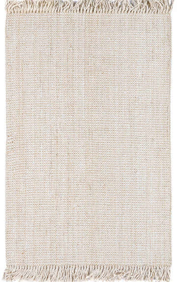 Close-up of a Senneterre Bleached Jute Rug. Cream color, hand woven texture, and fringe detail. Design-Rectangle