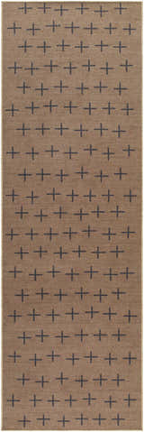 Close up of the Haimi Black Washable Jutely Rug featuring a camel background and dark gray plus sign pattern. Design-Runner-268
