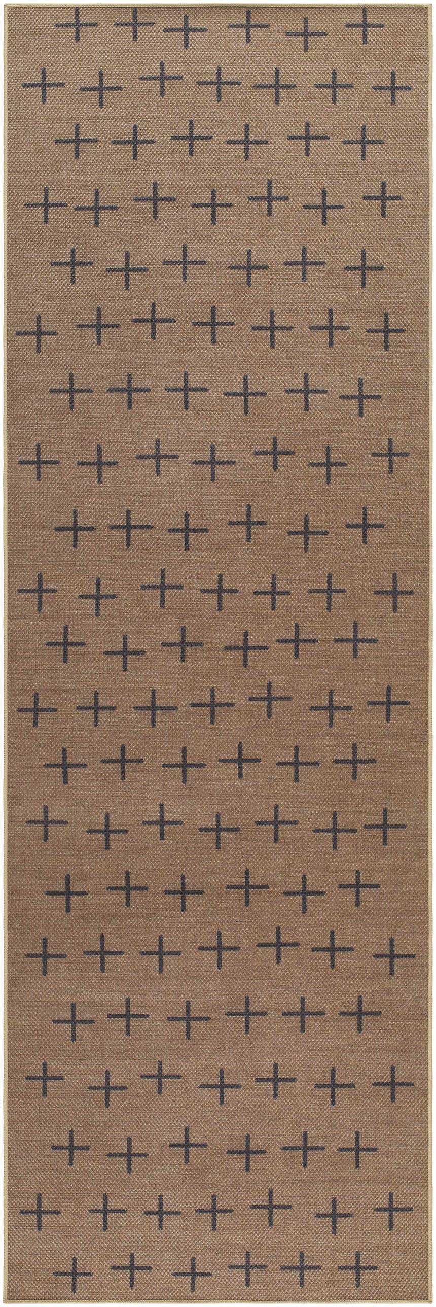Close up of the Haimi Black Washable Jutely Rug featuring a camel background and dark gray plus sign pattern. Design-Runner-268