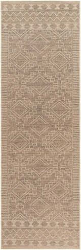 Close-up of Halle Beige Washable Area Rug. Farmhouse style rug with diamond and geometric pattern in beige, brown, and gray tones. Design-Runner-268