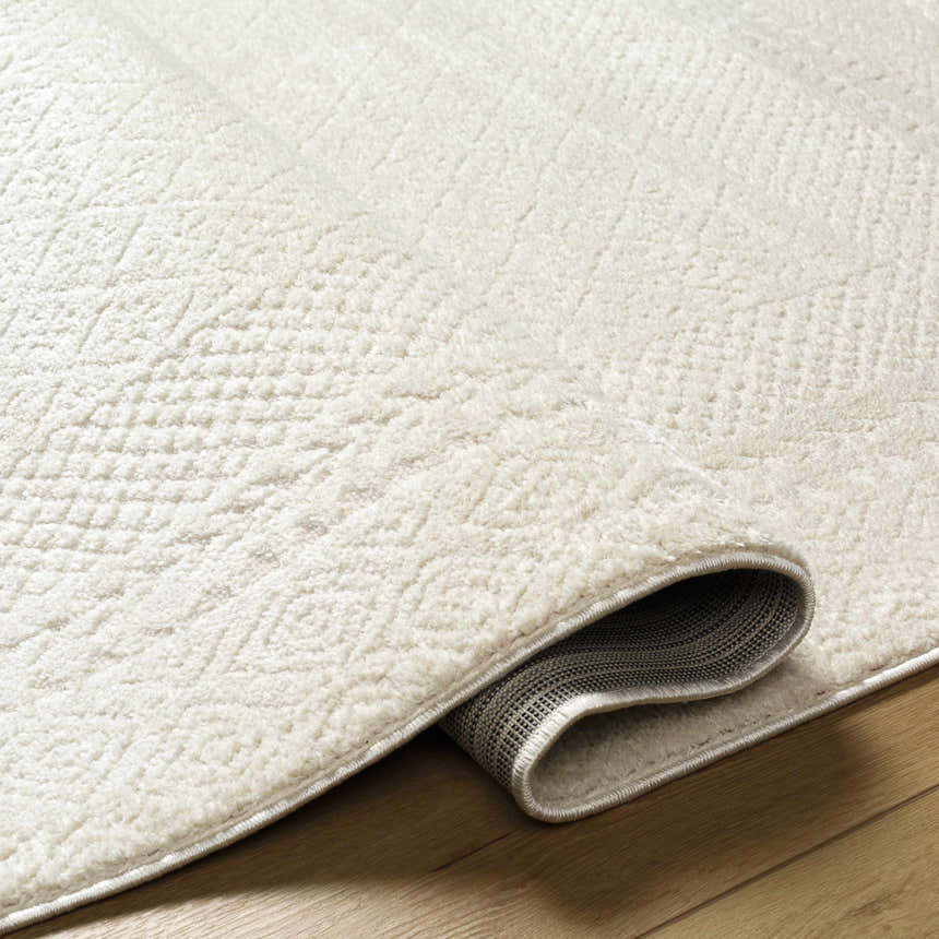 Close-up of the ivory Julio Area Rug showing its plush texture and subtle geometric pattern on hardwood floor. Fold