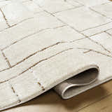 Close-up of the beige Keats Area Rug with a geometric pattern and plush texture. Fold