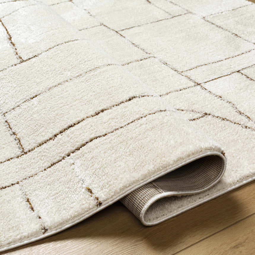 Close-up of the beige Keats Area Rug with a geometric pattern and plush texture. Fold
