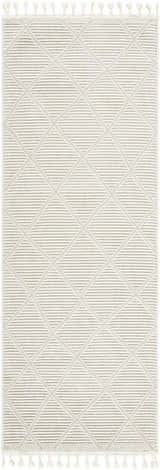 Close-up of Lova Area Rug: beige and gray geometric pattern with tassels. Design-Runner-2773