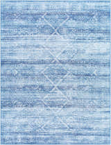 Close-up of the Blake Arctic Sky Washable Area Rug. Features a traditional, faded blue and white geometric pattern. Design-Rectangle-710106