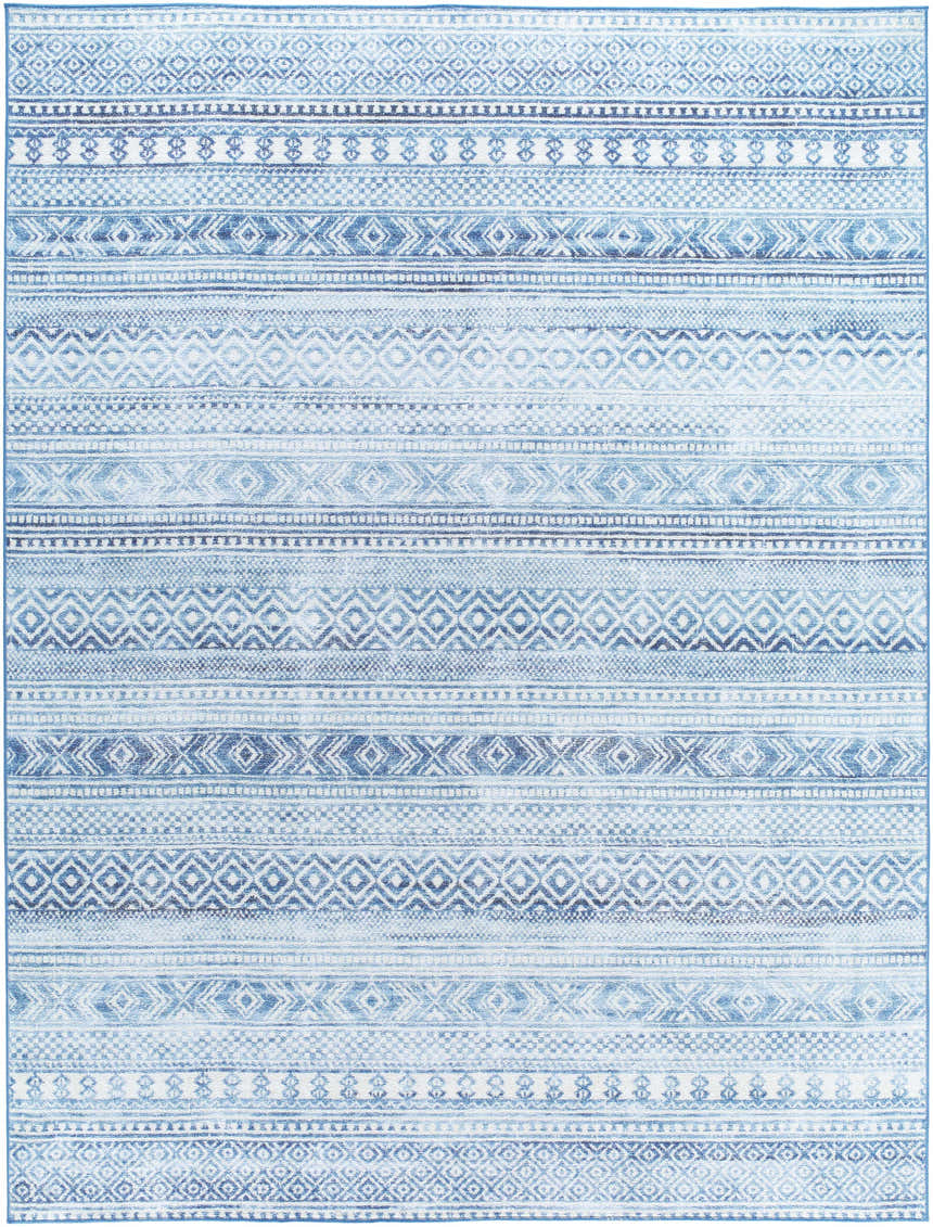 Close-up of the Gizeh Arctic Stone Washable Area Rug showing the farmhouse-style geometric pattern and soft arctic stone and blue hues. Design-Rectangle-710106