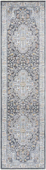 Detailed view of the Hayfa Area Rug in dark gray, light gray, and orange floral traditional pattern. Design-Runner-2710