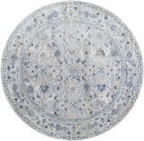 Detailed round Irida Area Rug in dark gray, denim, and light gray with a traditional floral pattern. Design-Round-67
