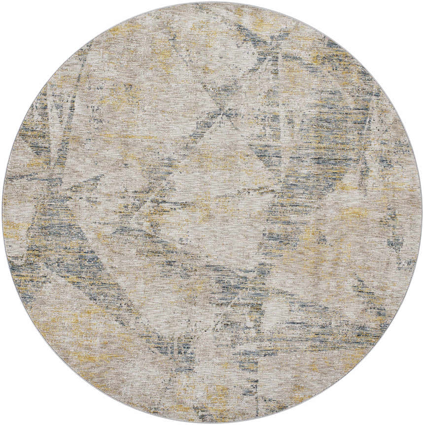 Round Cadao Rich Textured Traditional Rug with light peach, mocha, blue, and yellow abstract pattern. Design-Round-67