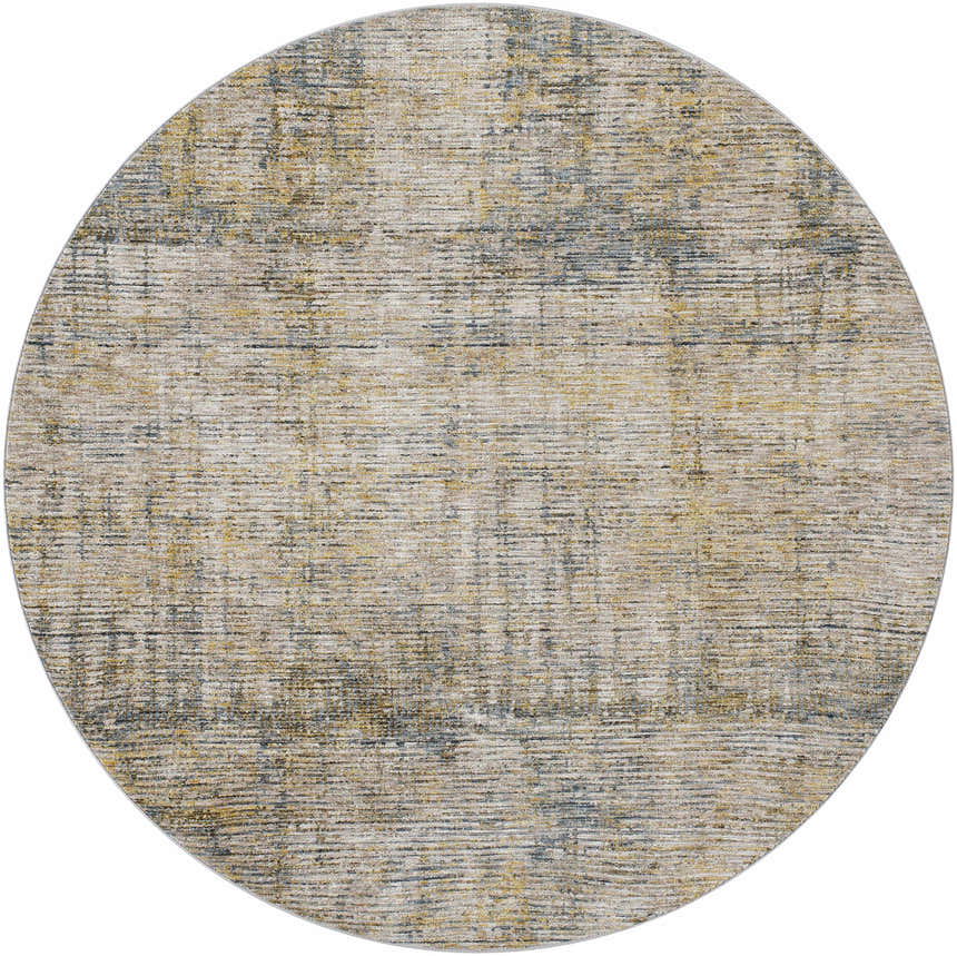 Close-up of the round Osma Rich Textured Traditional Rug, featuring bone, driftwood, multi brown, and taupe colors. Design-Round-67