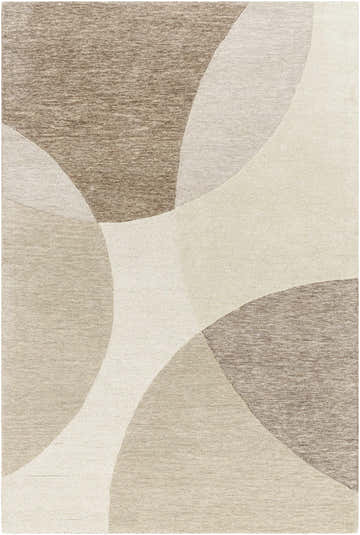 Close-up of the Cassiopeia Dark Brown & Beige Area Rug featuring a contemporary geometric pattern in ash, pearl, sage, and taupe. Design-Rectangle-576