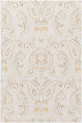 Close-up of the Simpatico Candice Olson x LIVABLISS SPO-1001 rug. Cream rug with a paisley pattern in ivory, light blue, and mustard. Design-Rectangle-576