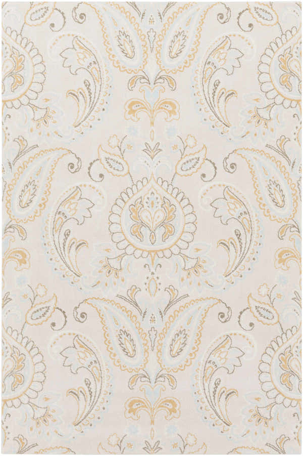 Close-up of the Simpatico Candice Olson x LIVABLISS SPO-1001 rug. Cream rug with a paisley pattern in ivory, light blue, and mustard. Design-Rectangle-576