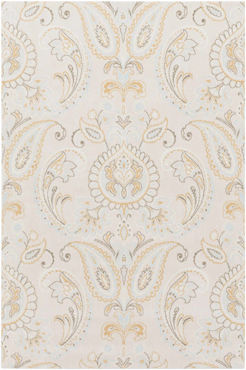 Close-up of the Simpatico Candice Olson x LIVABLISS SPO-1001 rug. Cream rug with a paisley pattern in ivory, light blue, and mustard. Design-Rectangle-576