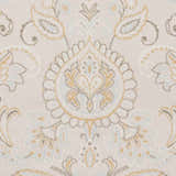 Close-up of Simpatico Candice Olson x LIVABLISS SPO-1001 rug. Cream rug with dark red, ivory, light blue, and mustard floral pattern. Swatch
