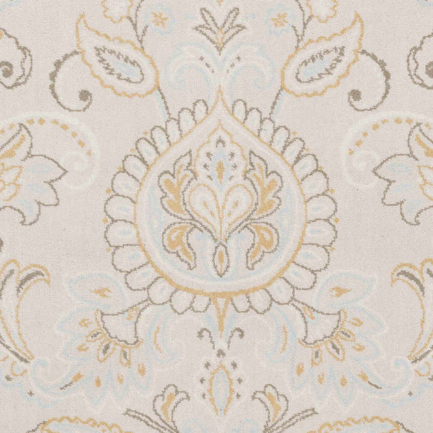 Close-up of Simpatico Candice Olson x LIVABLISS SPO-1001 rug. Cream rug with dark red, ivory, light blue, and mustard floral pattern. Swatch