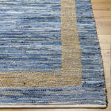 Close-up of the hand woven Ghita Recycled Blue Jean Rug. Features beige border and horizontal blue jean stripes. Front