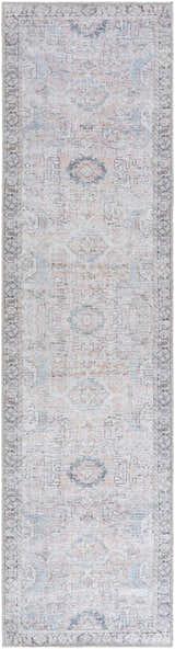 Close-up of the Giona Washable Area Rug. Traditional Persian design in blue, charcoal, light blue, light green, and pastel red. Design-Runner-2710