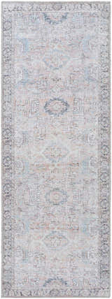 Close-up of the Giona Washable Area Rug. Features a traditional Persian pattern in light blue, charcoal, and pastel red. Design-Runner-2773
