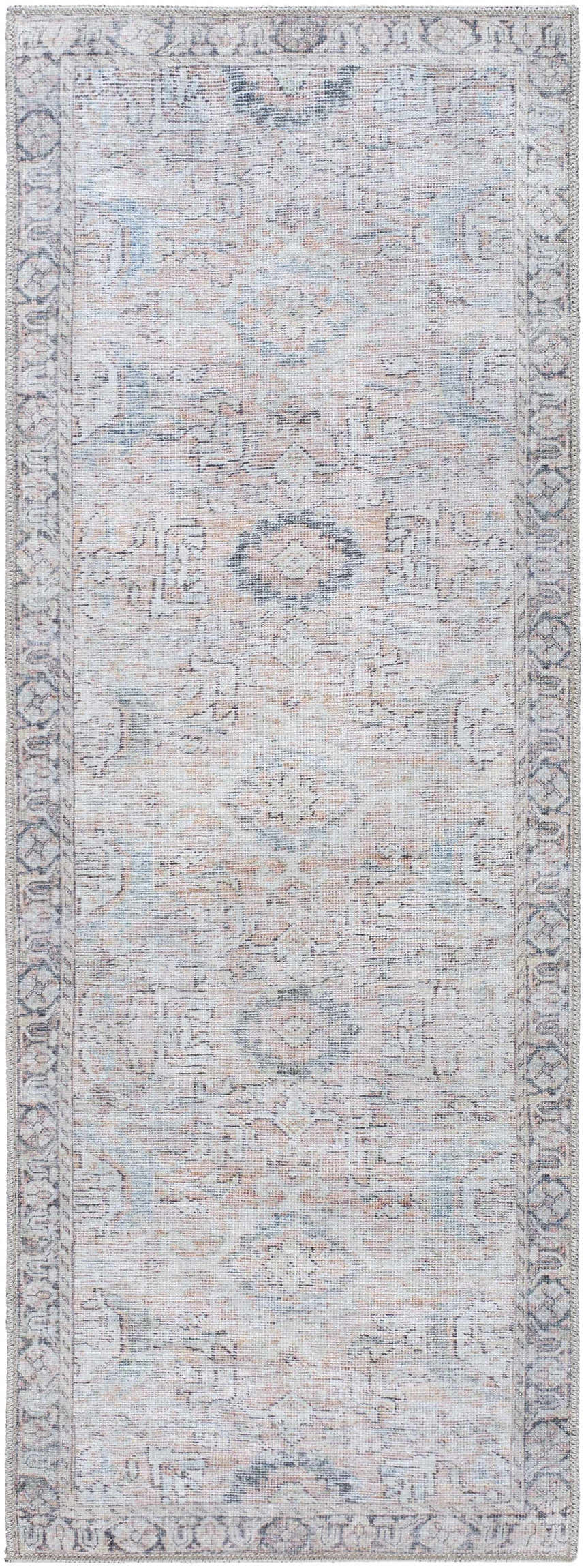 Close-up of the Giona Washable Area Rug. Features a traditional Persian pattern in light blue, charcoal, and pastel red. Design-Runner-2773