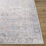 Close-up of the Giona Washable Area Rug showing a vintage Persian pattern in blue, charcoal, and pastel red on wood floor. Front