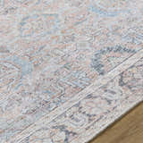 Close-up of the Giona Washable Area Rug showing a vintage Persian pattern in blue, charcoal, red, and green on a light background. Texture