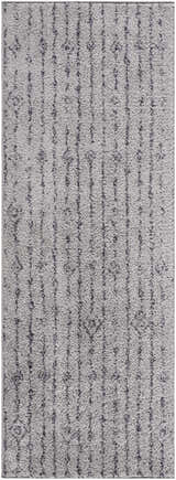 Close-up of the Demi Gray Washable Area Rug, featuring a textured shag design with dark brown vertical stripes on a medium gray base. Design-Runner-2773