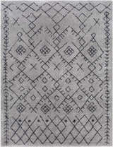 Close-up of the Elyes Gray Washable Area Rug. Farmhouse style shag rug with dark gray geometric patterns on a light gray background. Design-Rectangle-710106
