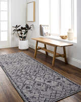 Bright entryway with Elyes Gray Washable Area Rug runner, wood bench, plant, and natural light. Farmhouse style. Roomscene-Runner