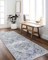 Entryway with Ankti Aqua Washable Area Rug runner, wood bench, plant, and decor for a traditional farmhouse style. Roomscene-Runner