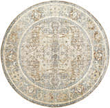 Round Arias Blue Boutique Washable Rug with a traditional, faded driftwood pattern in beige, brown, and gray tones. Design-Round-67