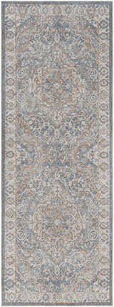 Close-up of Aurum Blue & Beige Washable Area Rug. Traditional rug design with blue, beige, and rust colors. Design-Runner-2773