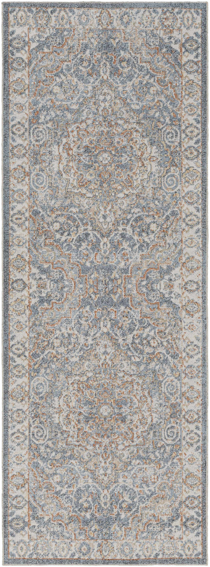Close-up of Aurum Blue & Beige Washable Area Rug. Traditional rug design with blue, beige, and rust colors. Design-Runner-2773