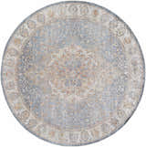 Close-up of round Aurum Blue & Beige Washable Area Rug. Traditional style rug with blue, beige, and rust floral pattern. Design-Round-67