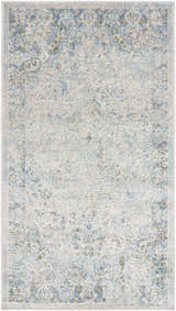 Close-up of Aurum Beige Washable Area Rug. Beige, blue, and green farmhouse style rug with a traditional, distressed pattern. Design-Runner-2339