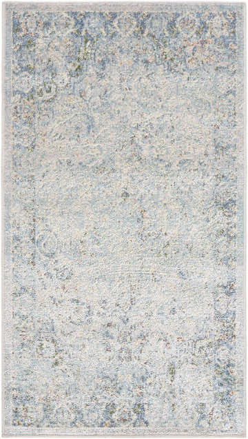 Close-up of Aurum Beige Washable Area Rug. Beige, blue, and green farmhouse style rug with a traditional, distressed pattern. Design-Runner-2339
