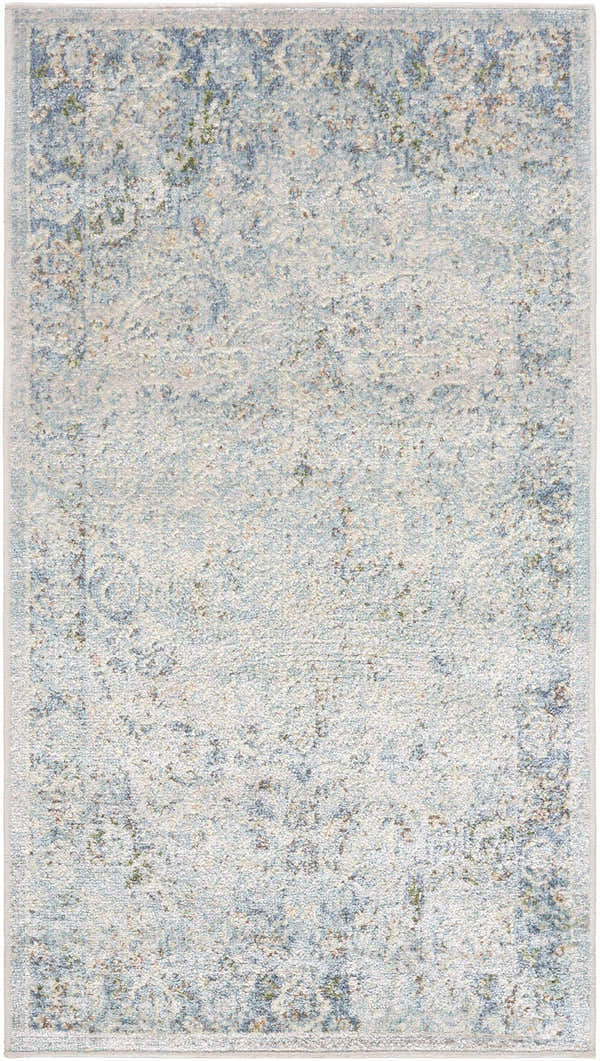 Close-up of Aurum Beige Washable Area Rug. Beige, blue, and green farmhouse style rug with a traditional, distressed pattern. Design-Runner-2339