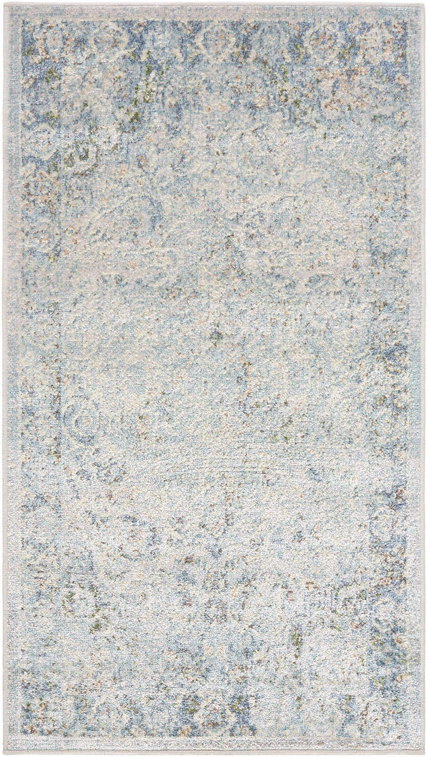 Close-up of Aurum Beige Washable Area Rug. Beige, blue, and green farmhouse style rug with a traditional, distressed pattern. Design-Runner-2339