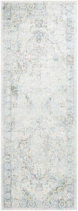 Close-up of the Aurum Beige Washable Area Rug featuring a traditional, distressed pattern in beige, blue, and green hues. Design-Runner-2773