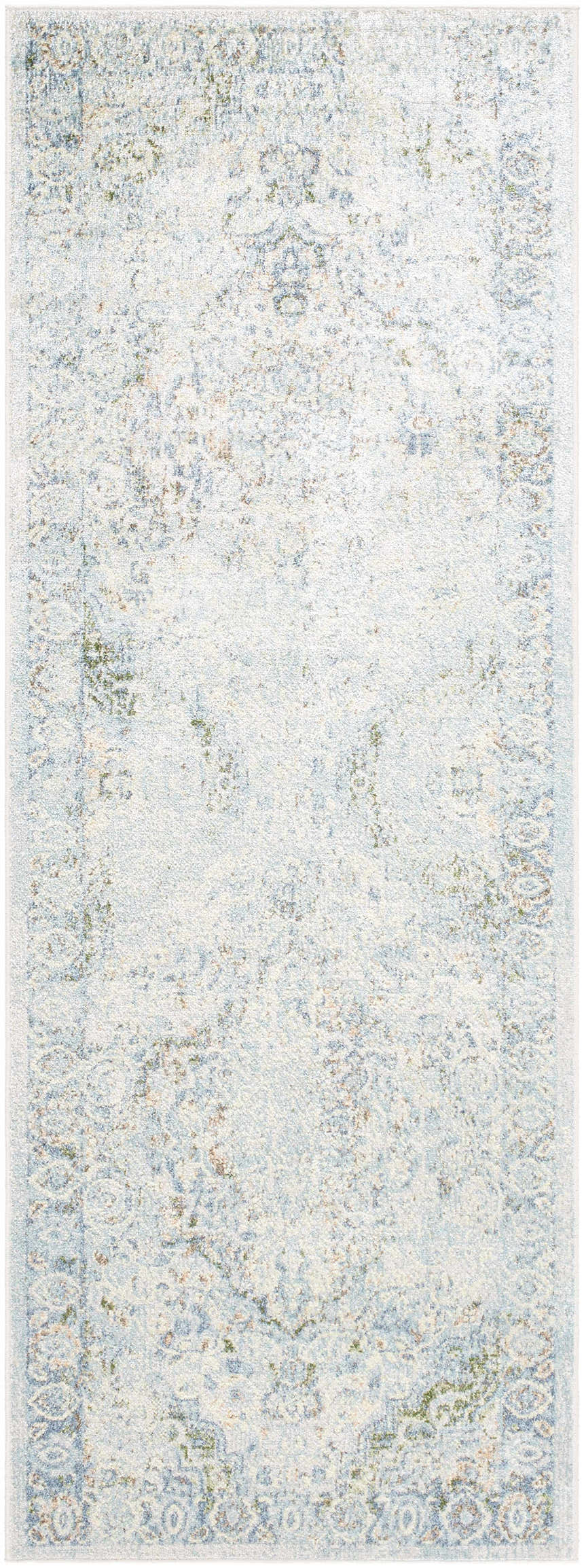 Close-up of the Aurum Beige Washable Area Rug featuring a traditional, distressed pattern in beige, blue, and green hues. Design-Runner-2773