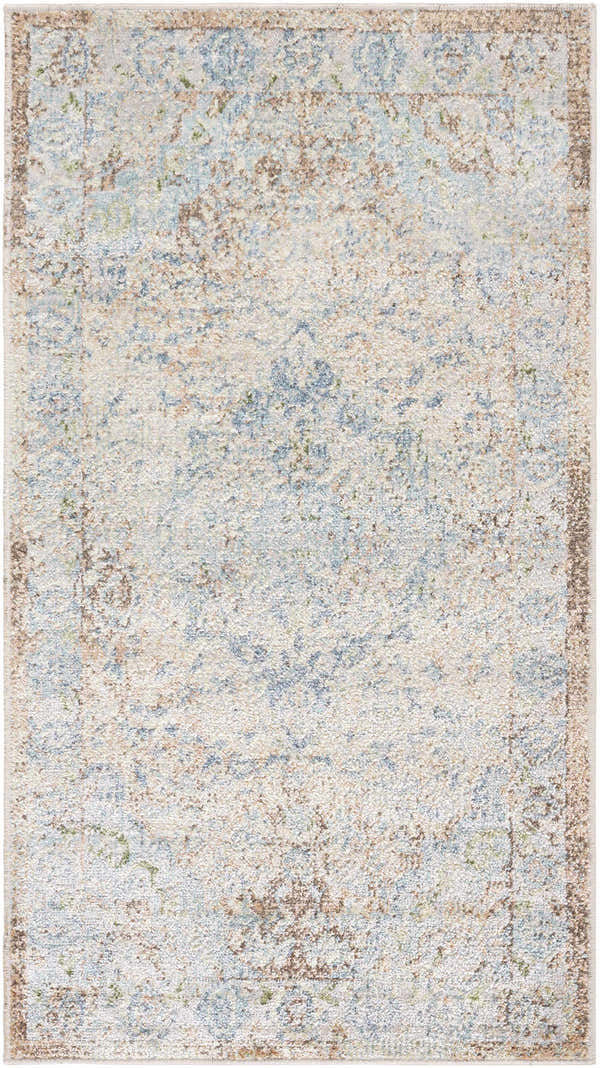 Close-up of the Aurum Blue Washable Area Rug, featuring a traditional beige, blue, and light brown distressed pattern. Design-Rectangle-2339
