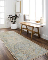 Entryway with Aurum Blue Washable Area Rug runner, wood bench, plant, and bright natural light. Farmhouse style. Roomscene-Runner