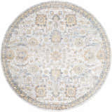 Close-up of a round Dion Washable Floral Rug. Features a traditional floral pattern in driftwood, gray, and lambswool hues. Design-Round-67
