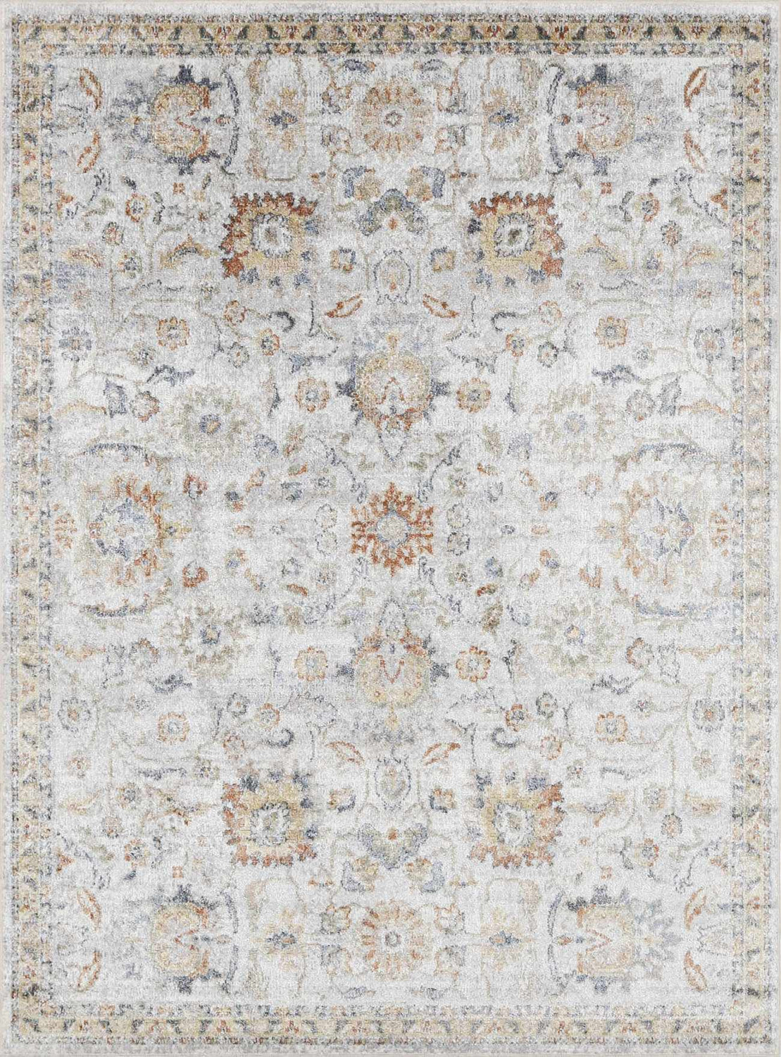 Close-up of the Dion Washable Floral Rug. Farmhouse style rug in driftwood, dark beige, and charcoal colors. Machine woven texture. Design-Rectangle