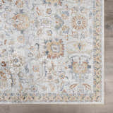 Close-up of the Dion Washable Floral Rug, showcasing its charcoal, beige, and gray floral pattern and traditional style. Swatch